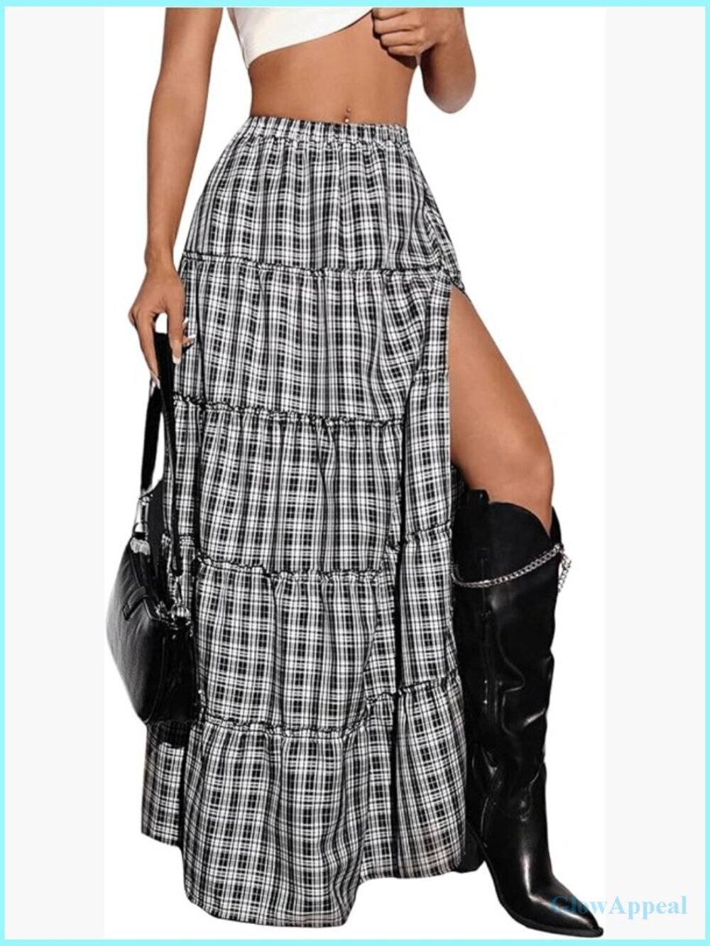 Plaid Maxi Skirt High Slit A Line Flowy Tiered Ruffle Y2k Vintage Long Skirt